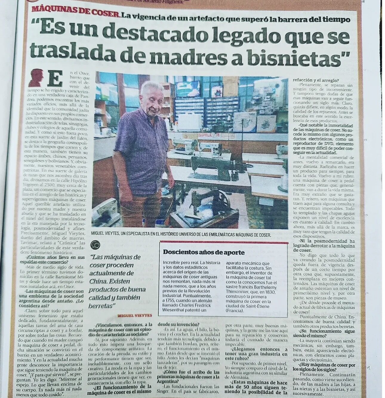 Recorte del diario Crónica con la nota a Miguel Vieytes, de Tavimac, sobre la vigencia de las máquinas de coser